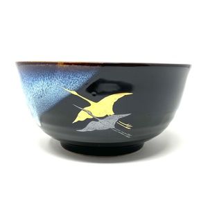 Imari Hand Painted Porcelain Footed Bowl Blue Black Gold & Silver Flying Cranes
